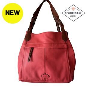 NEW 🌸 ST. JOHNS BAY🌷 Coral Pink Shoulder Purse, Braided Brown Handles